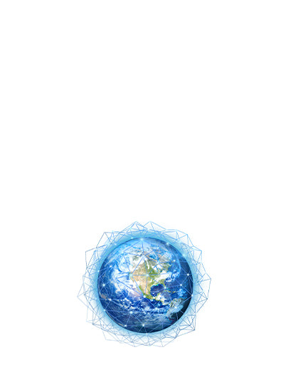 Illustration de la Terre vue de l'espace, entourée d'un réseau géométrique lumineux bleu formant des lignes et des formes polygonales. Le réseau semble représenter une connexion globale ou un maillage technologique couvrant la planète.