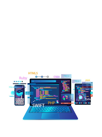 Illustration de développement web avec plusieurs langages de programmation représentés sur différents appareils : un téléphone mobile, un ordinateur portable et une tablette. Sur le téléphone, Ruby est mis en avant avec une interface utilisateur d'application mobile, tandis que l'ordinateur portable montre des lignes de code en Swift et PHP. Les technologies HTML5 et CSS3 sont également indiquées, accompagnées de graphiques interactifs. La tablette présente des éléments en Java et Python avec des visualisations de données. Arduino et le développement IoT sont aussi mentionnés.